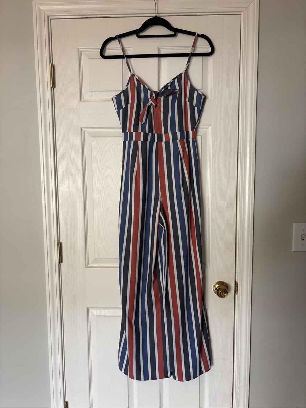 Romeo & Juliet Couture Striped Tie-Front Jumpsuit in Blue, Rust & White
